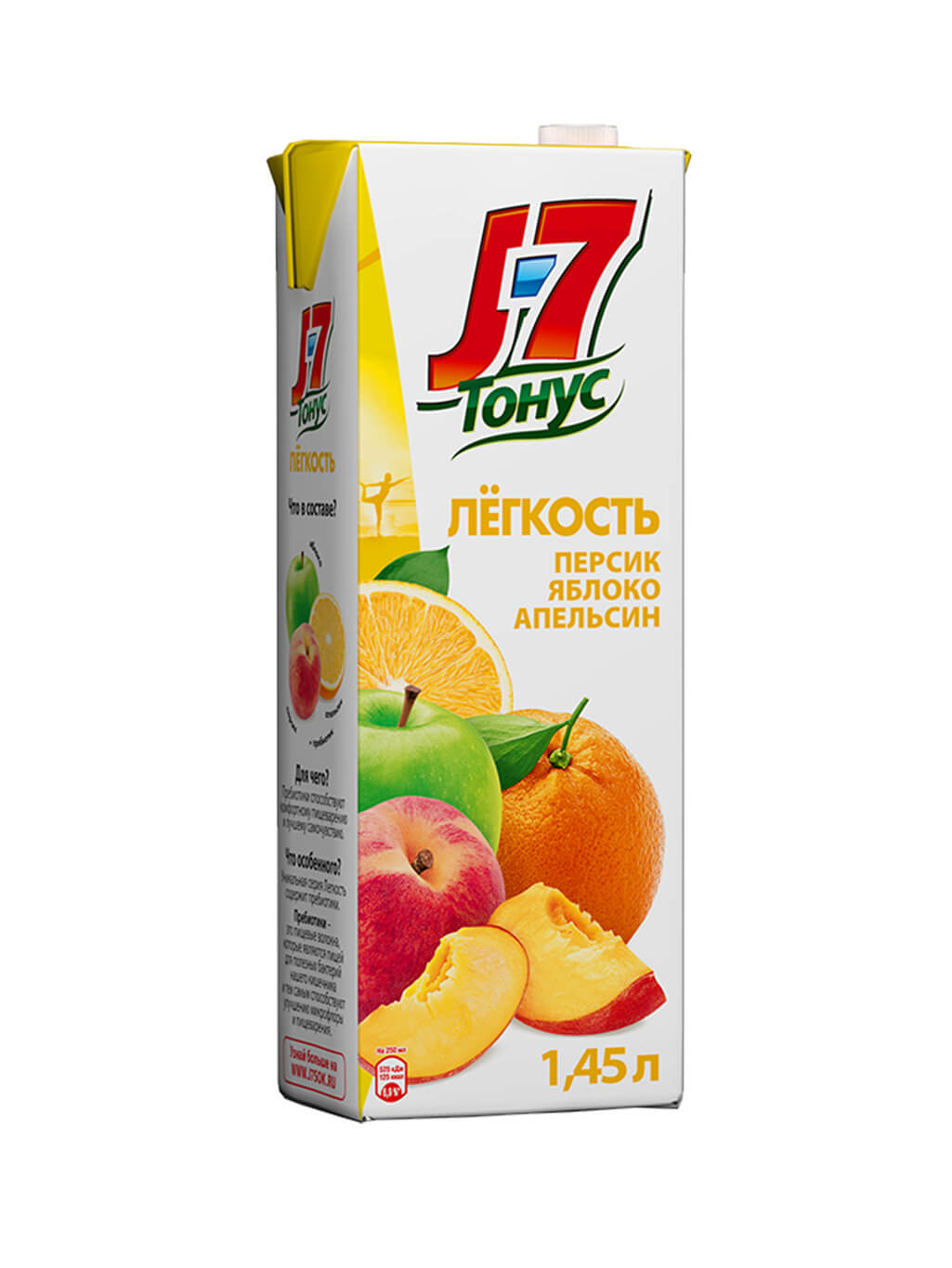 картинка Напиток сокосодержащий J7 Легкость с пребиотиком Персик-Яблоко-Апельсин 1,45 л т/пак