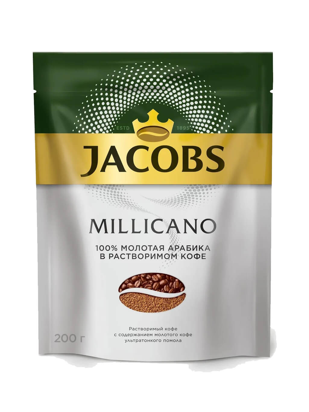 картинка Jacobs MONARCH Millicano Якобс МОНАРХ Милликано Кофе молотый в растворимом 200 гр пакет
