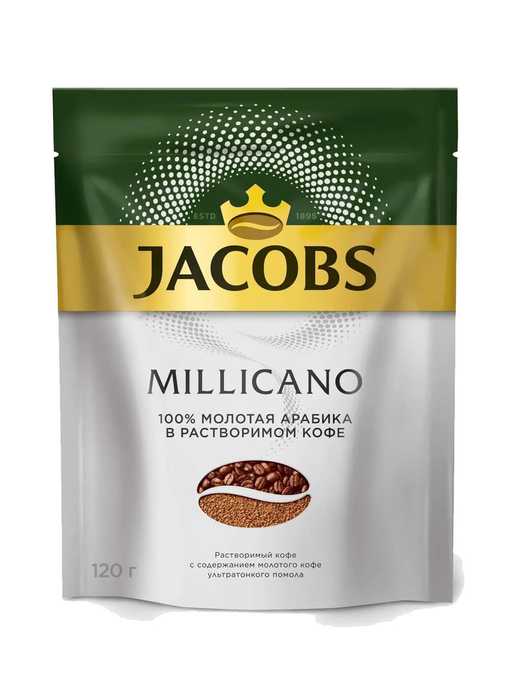 картинка Jacobs MONARCH Millicano Якобс МОНАРХ Милликано Кофе молотый в растворимом 120 гр пакет